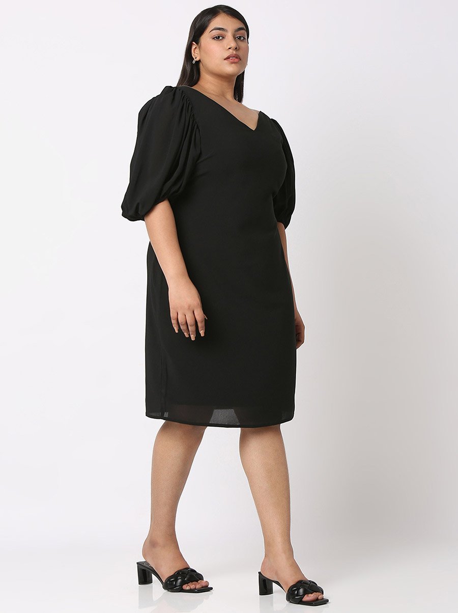 Solid Wide V Neck Puff Sleeve Dress