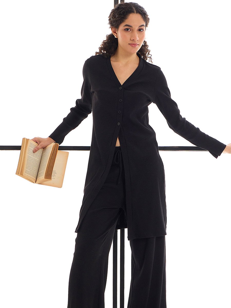 Ribbed Button Placket Shrug and Wide Leg Pants Co-Ords