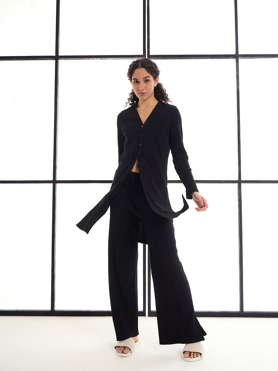 Ribbed Button Placket Shrug and Wide Leg Pants Co-Ords