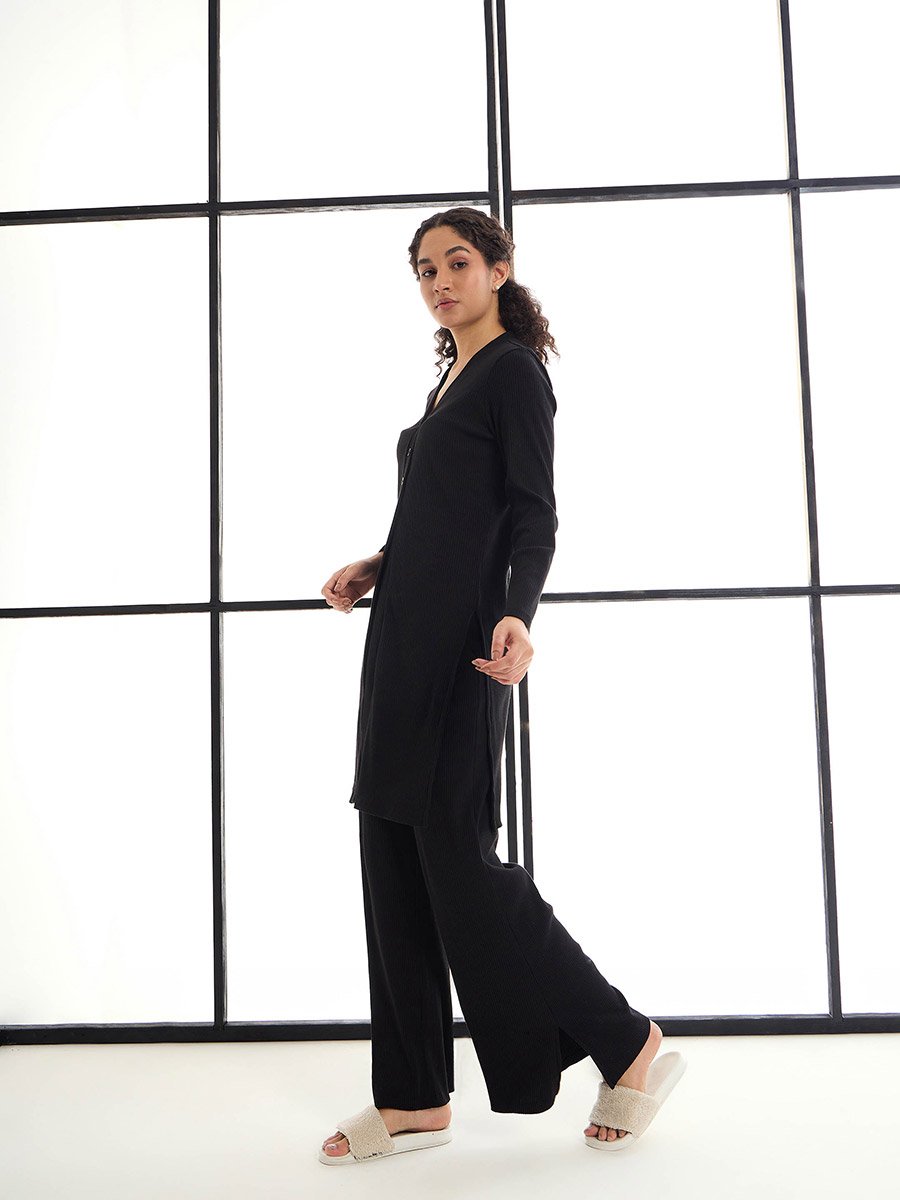 Ribbed Button Placket Shrug and Wide Leg Pants Co-Ords