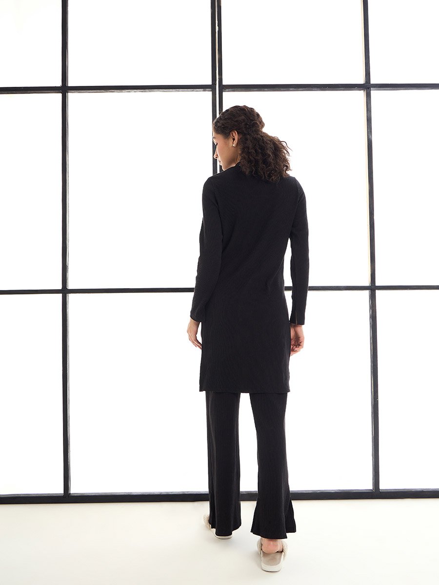 Ribbed Button Placket Shrug and Wide Leg Pants Co-Ords