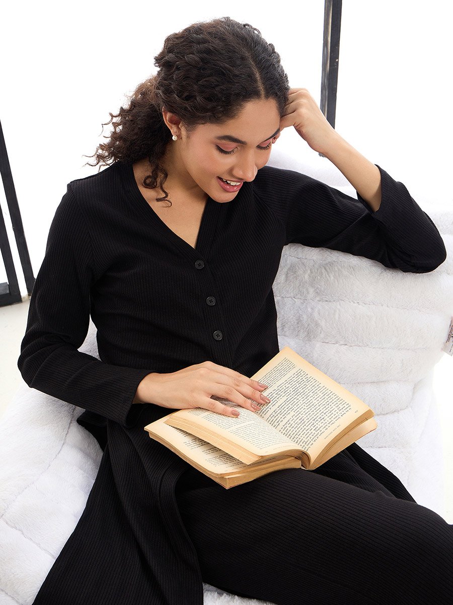 Ribbed Button Placket Shrug and Wide Leg Pants Co-Ords