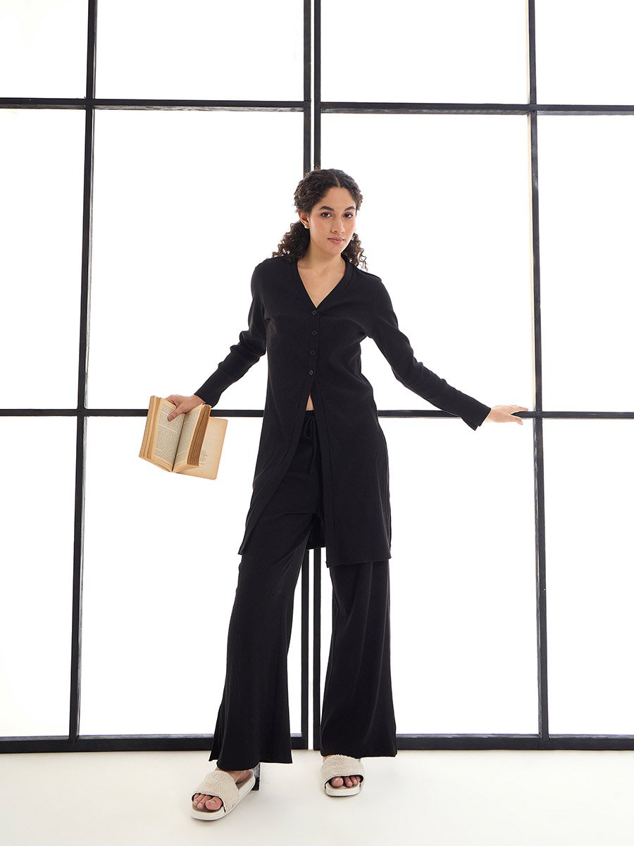 Ribbed Button Placket Shrug and Wide Leg Pants Co-Ords