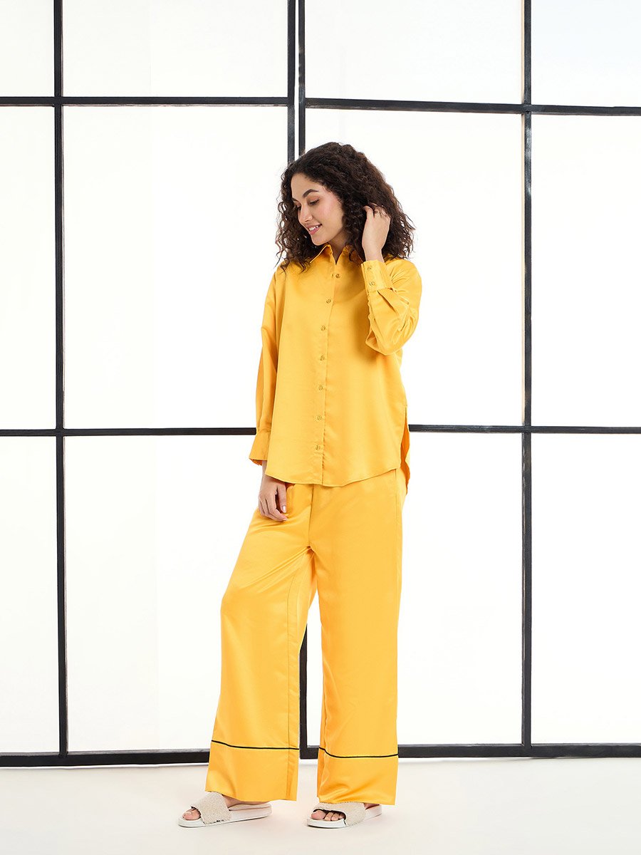 Solid Satin Longline Shirt and Straight Leg Pants Co-Ords