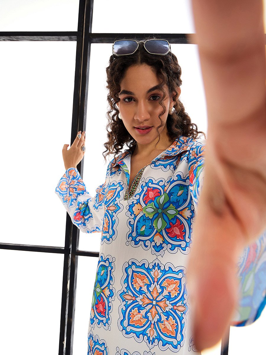 chinese dress ladies Tile Print Mesh Dress  VETCHY