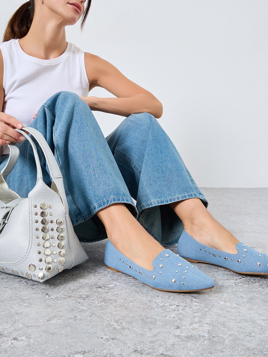 Embellished Denim Slip On Pointed Toe Shoes