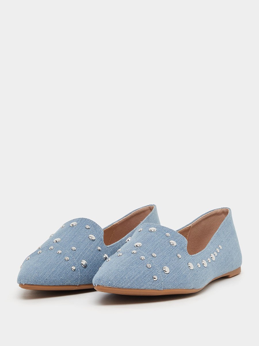 Embellished Denim Slip On Pointed Toe Shoes