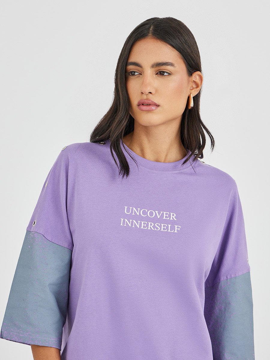 Spray Painted Exaggerated Shoulder Oversized T-Shirt with Eyelet Detail