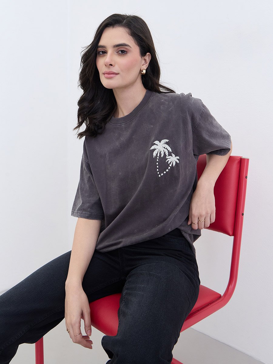 Palm Embroidered Acid Washed Oversized T-Shirt