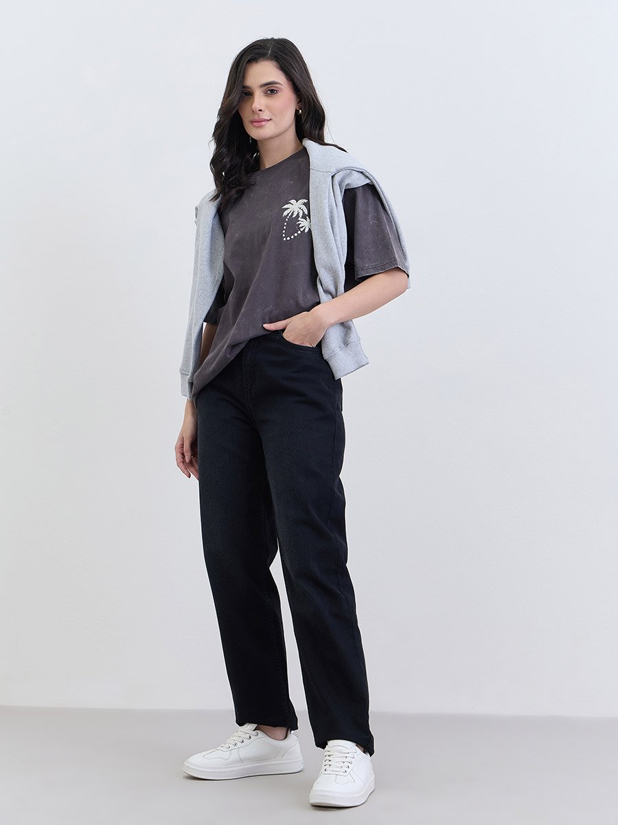 Palm Embroidered Acid Washed Oversized T-Shirt