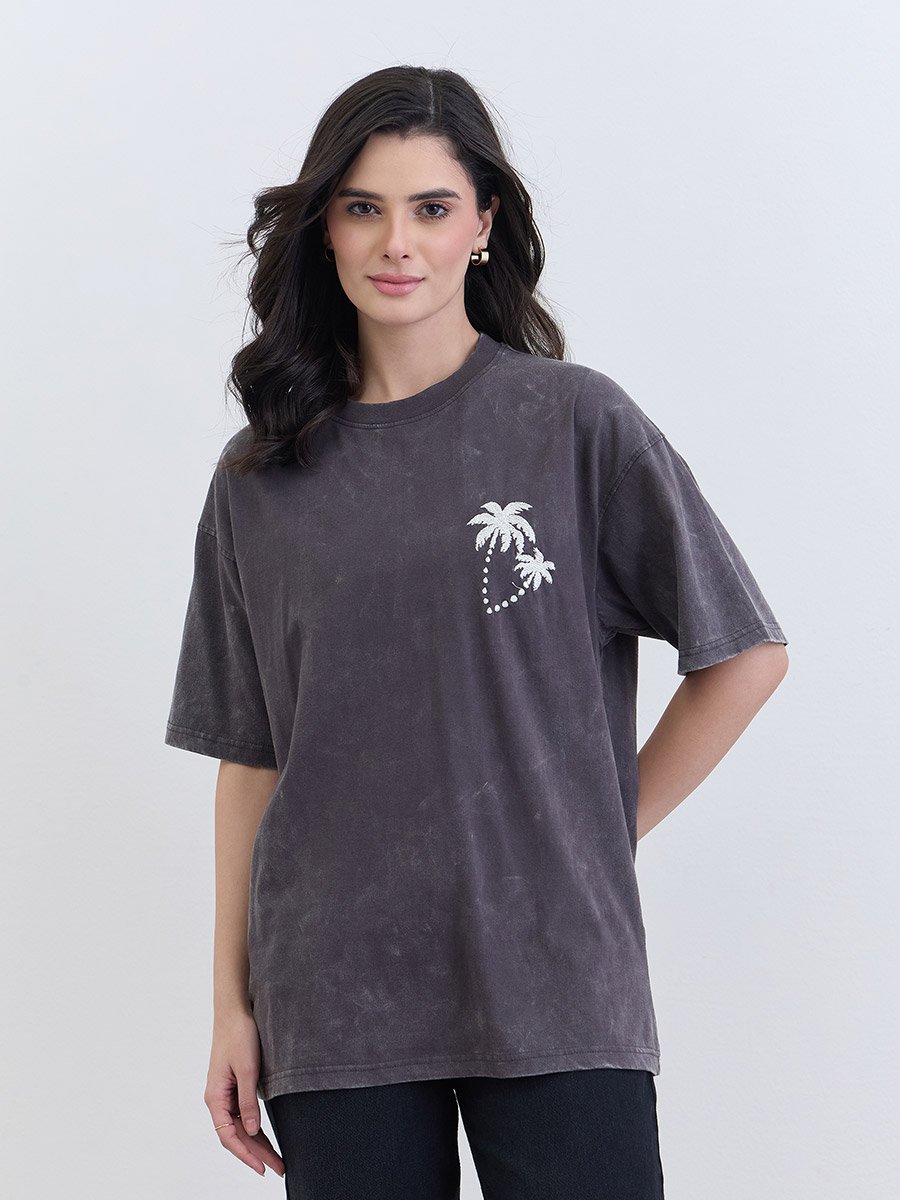 Palm Embroidered Acid Washed Oversized T-Shirt