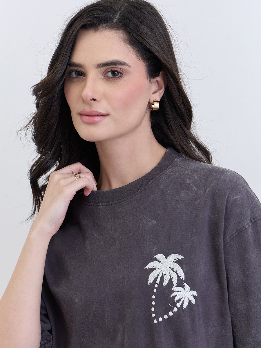 Palm Embroidered Acid Washed Oversized T-Shirt
