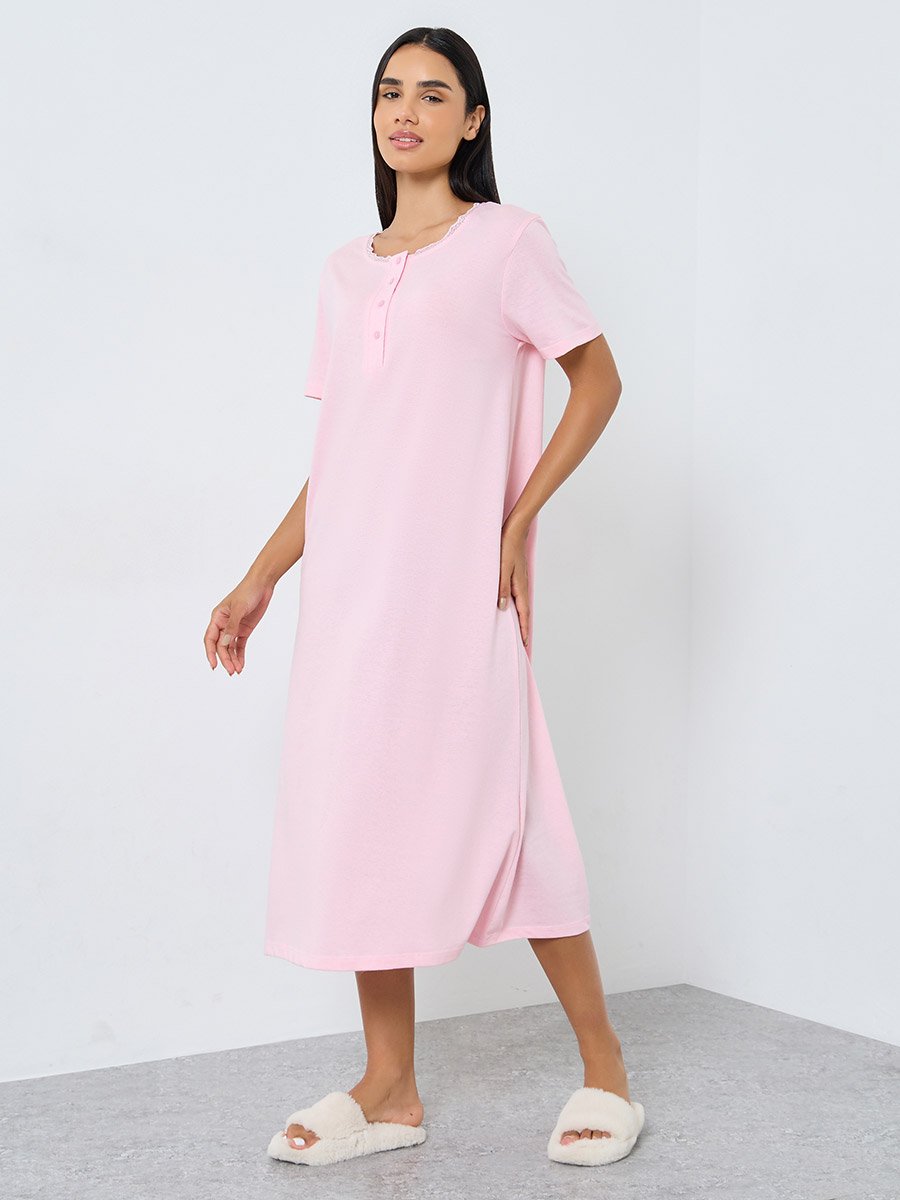 Solid Yoke Button Placket Nightdress