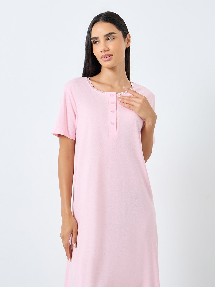 Solid Yoke Button Placket Nightdress