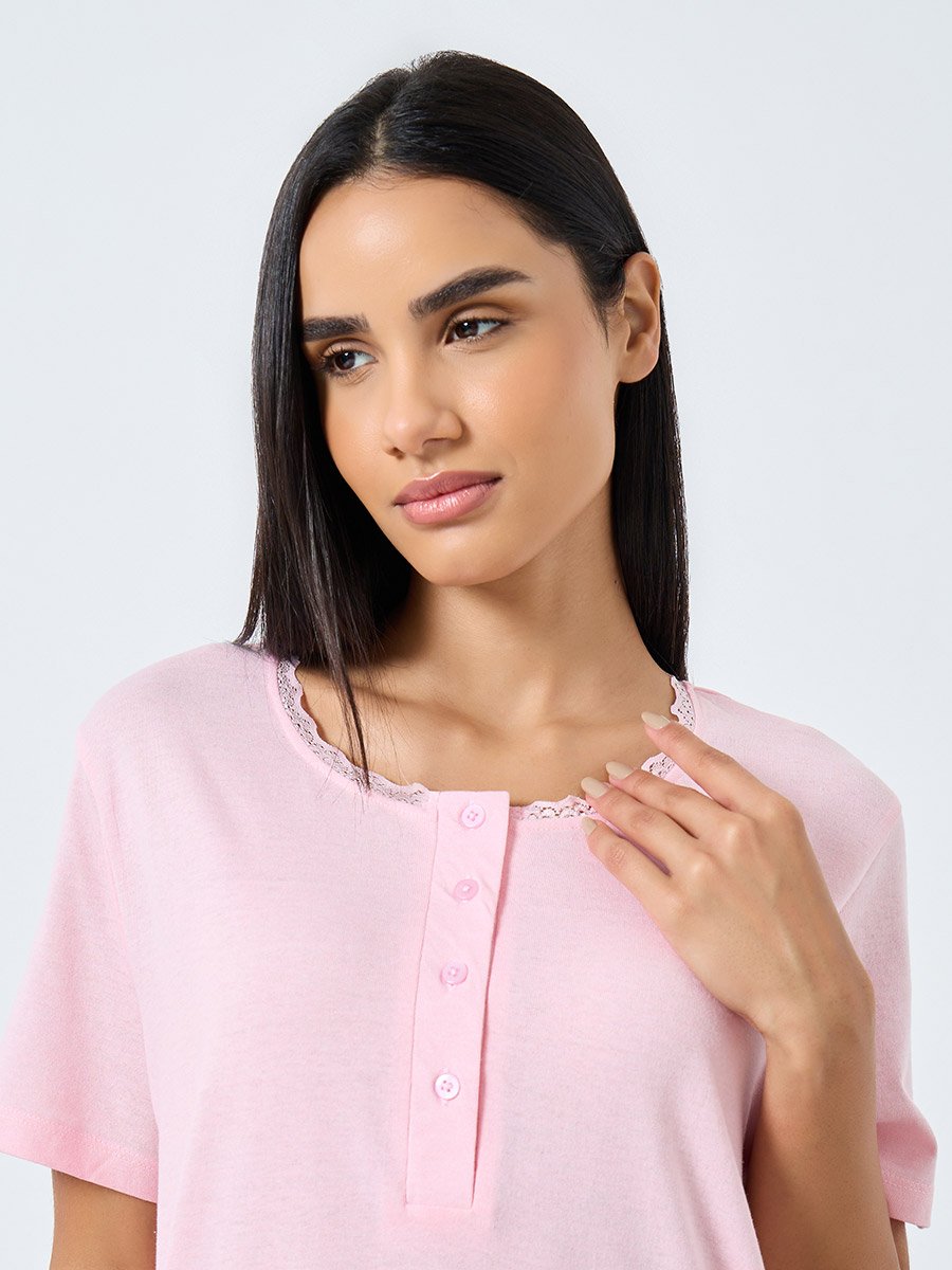 Solid Yoke Button Placket Nightdress