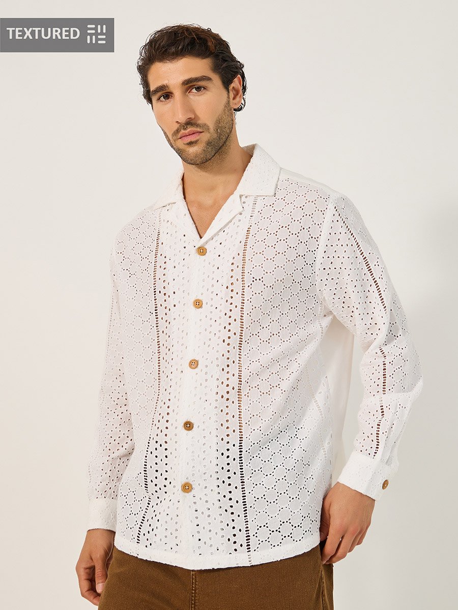 Textured Schiffli Relaxed Fit Resort Collar Shirt