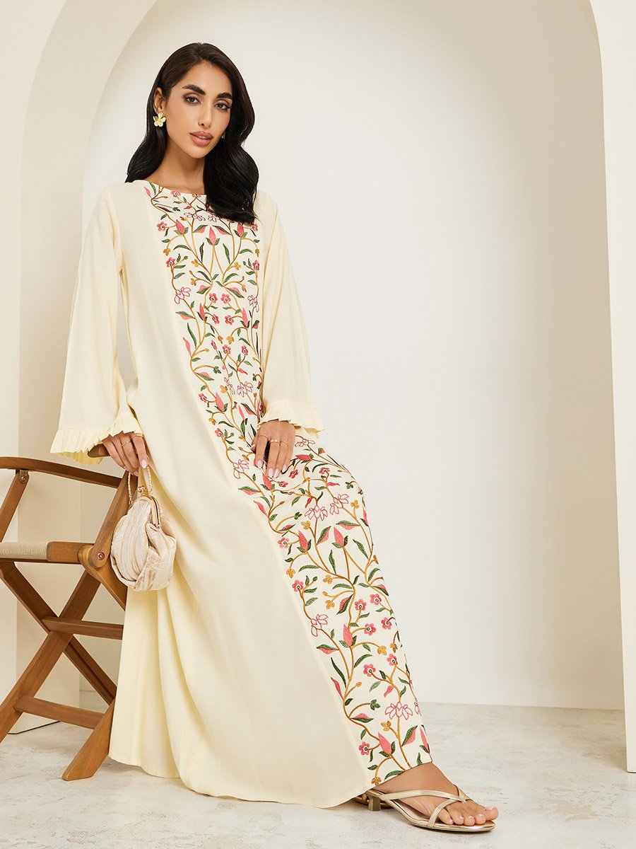 Women Cream Floral Embroidered Jalabiya