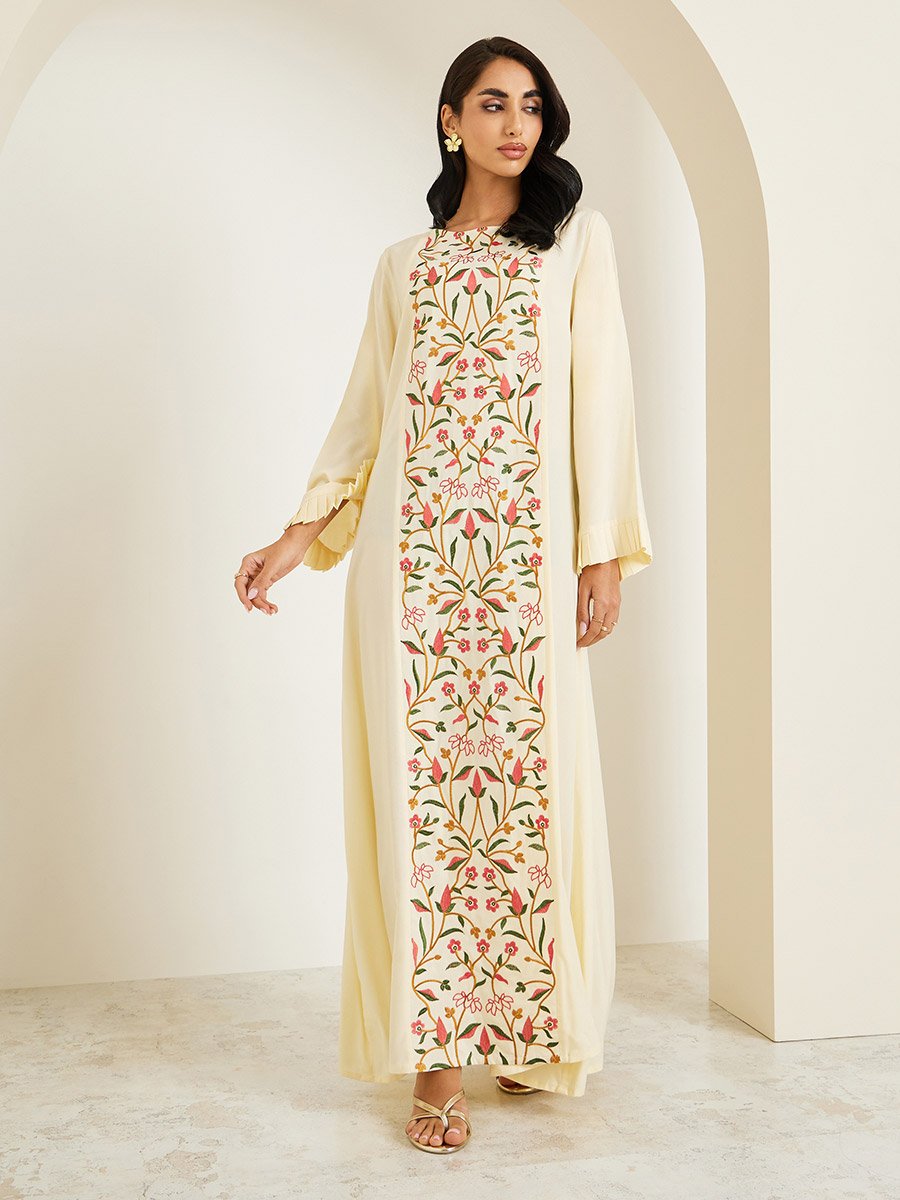 Women Cream Floral Embroidered Jalabiya