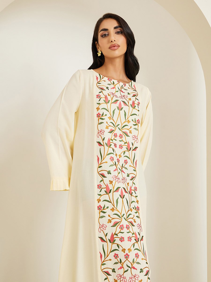Women Cream Floral Embroidered Jalabiya