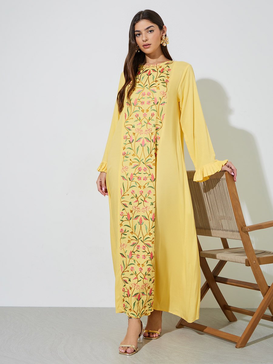 Yellow Floral Embroidery Ruffled Long Sleeves Maxi Jalabiya