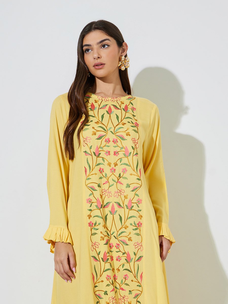 Yellow Floral Embroidery Ruffled Long Sleeves Maxi Jalabiya