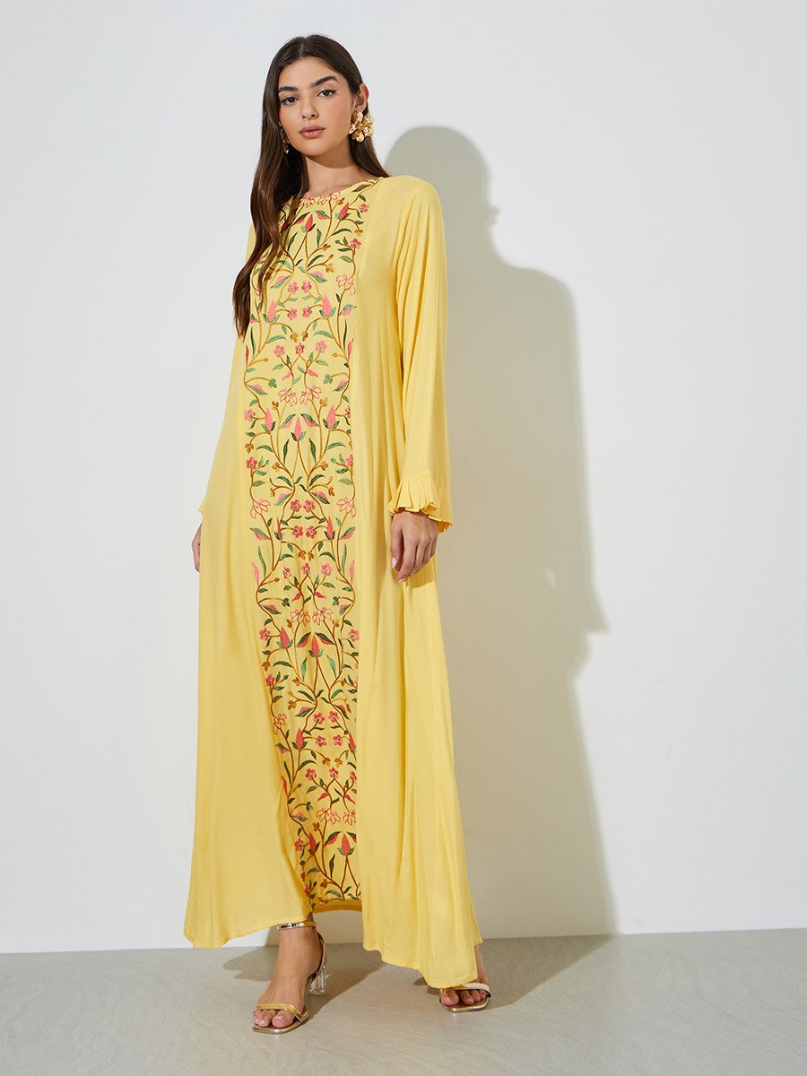 Yellow Floral Embroidery Ruffled Long Sleeves Maxi Jalabiya