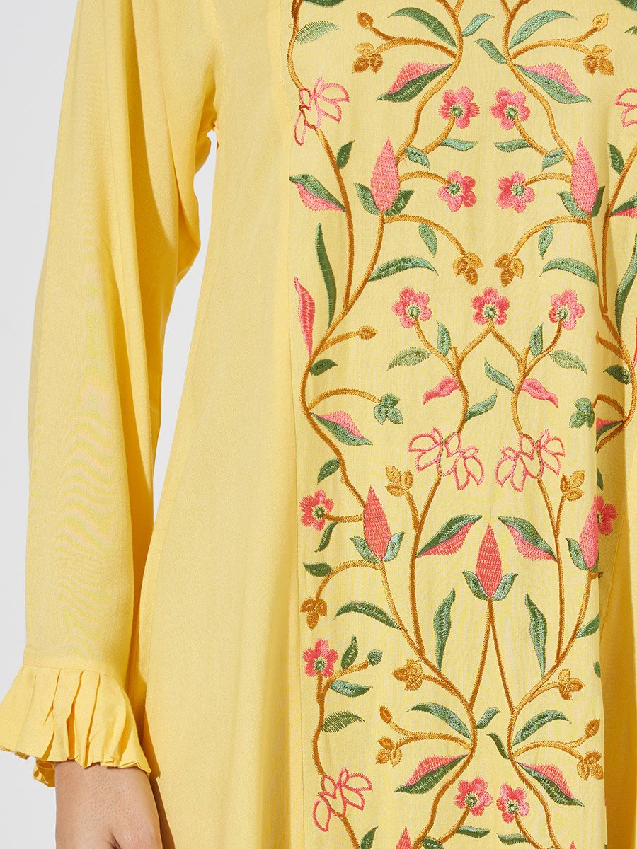 Yellow Floral Embroidery Ruffled Long Sleeves Maxi Jalabiya
