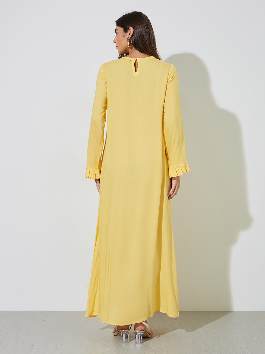 Yellow Floral Embroidery Ruffled Long Sleeves Maxi Jalabiya