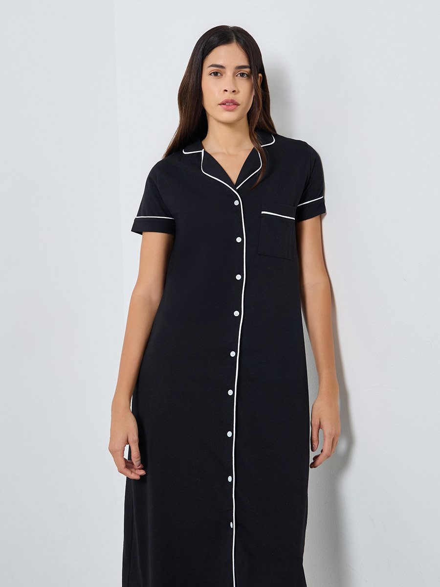 Contrast Piping Buttoned Nightshirt with Pocket