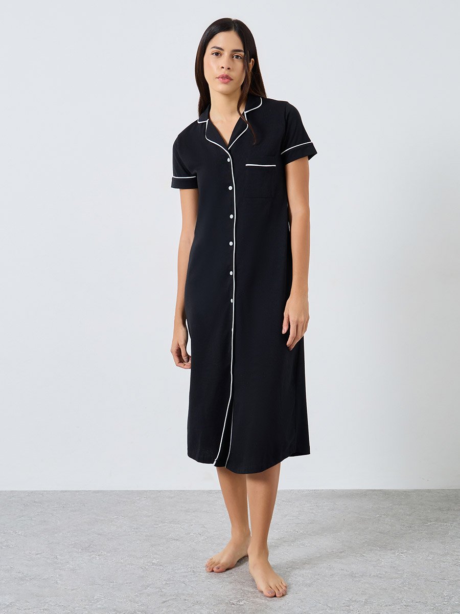 Contrast Piping Buttoned Nightshirt with Pocket