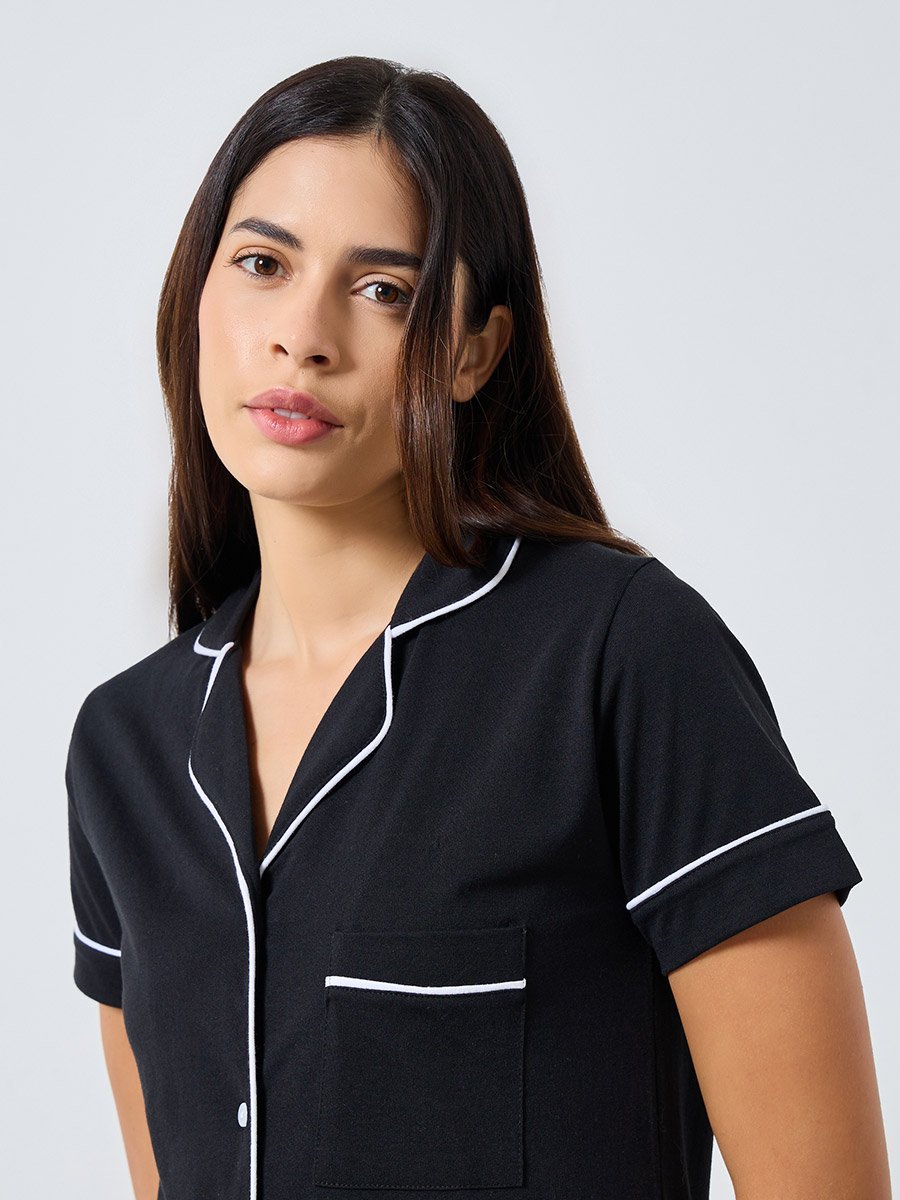 Contrast Piping Buttoned Nightshirt with Pocket