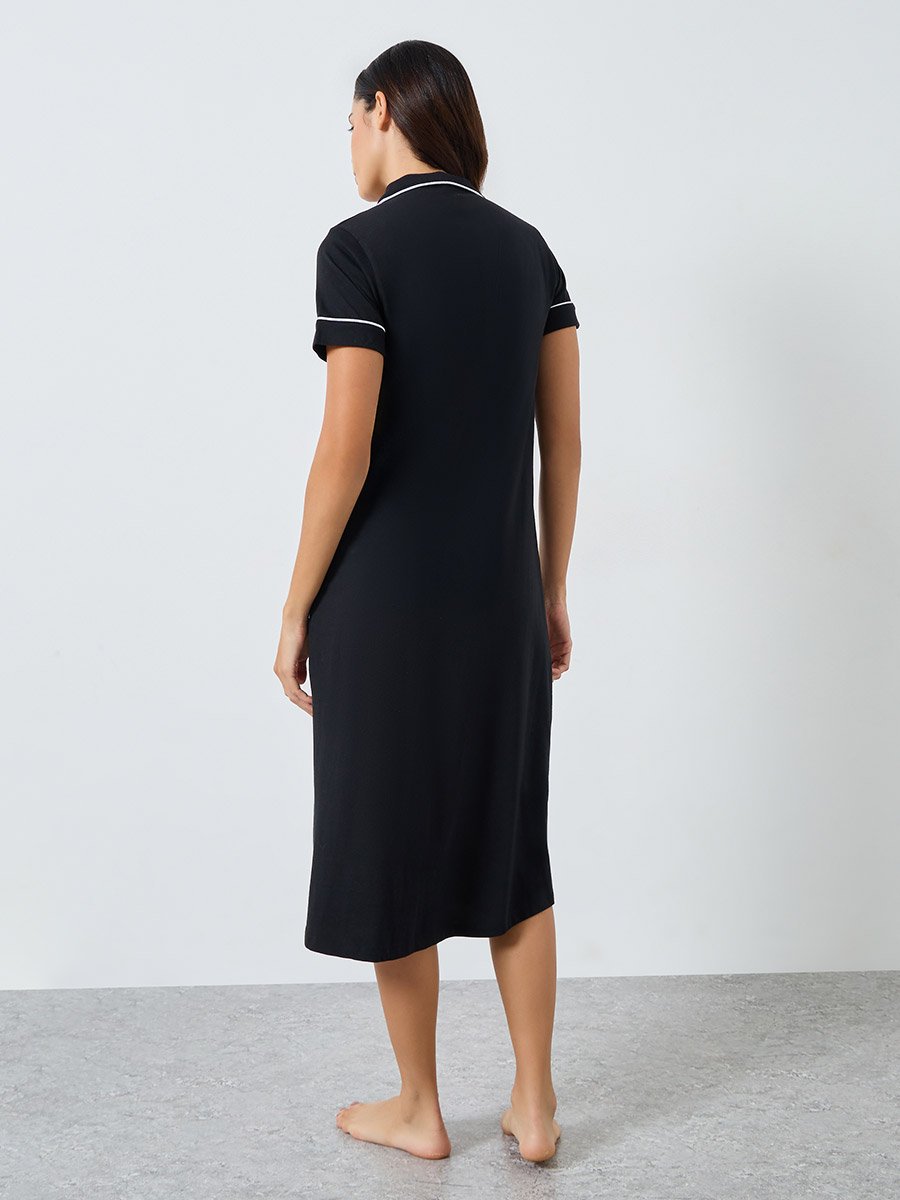 Contrast Piping Buttoned Nightshirt with Pocket