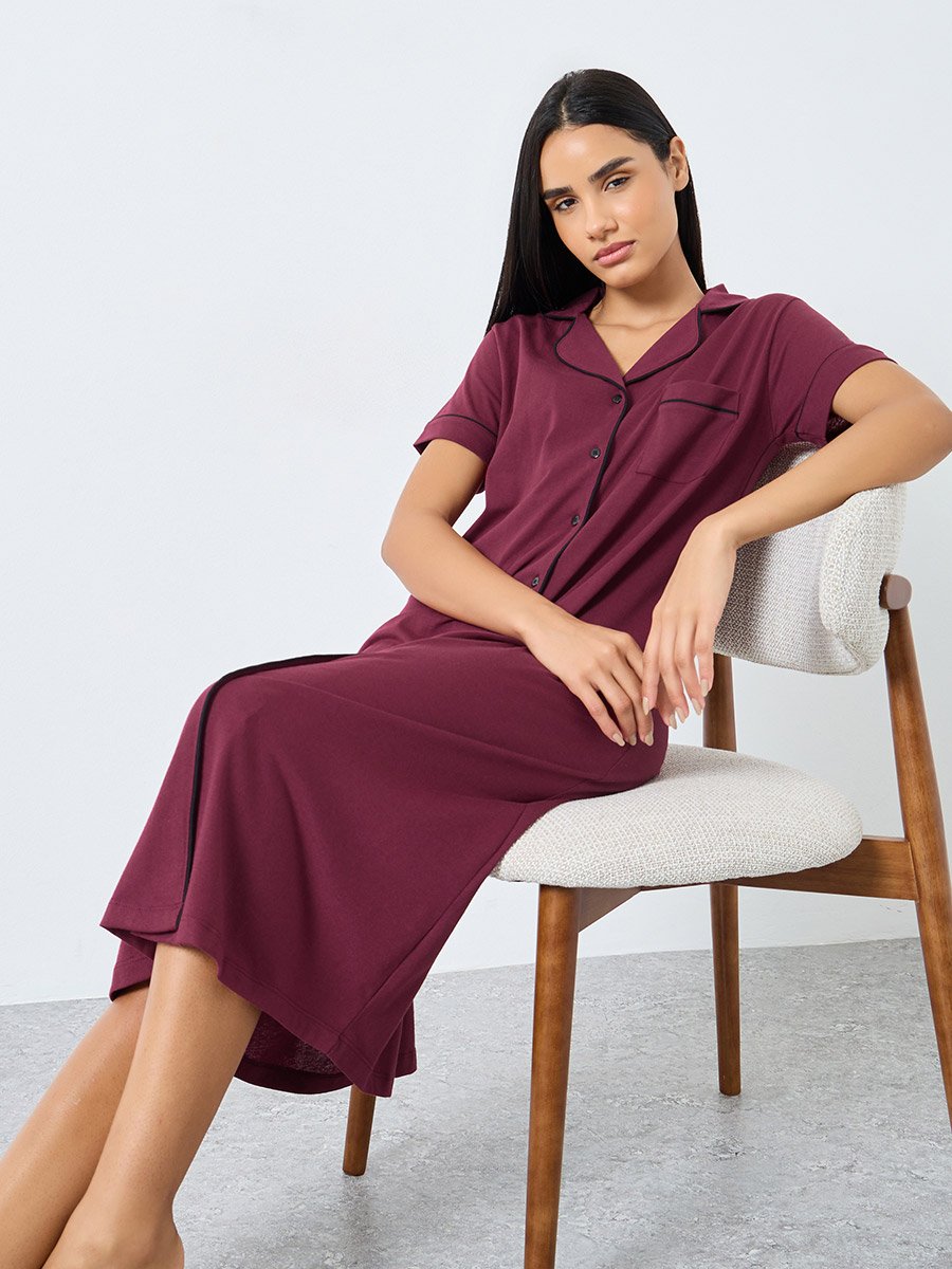 Contrast Piping Buttoned Nightshirt with Pocket