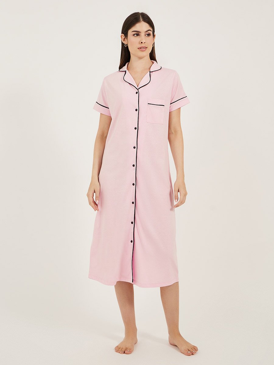Contrast Piping Buttoned Nightshirt with Pocket
