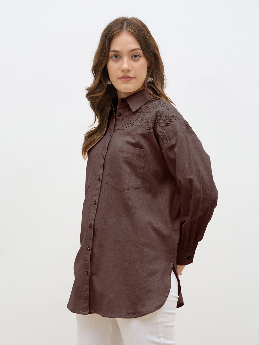 Brown Tonal Embroidery Detail Oversized Shirt