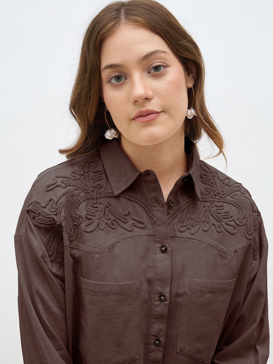 Brown Tonal Embroidery Detail Oversized Shirt