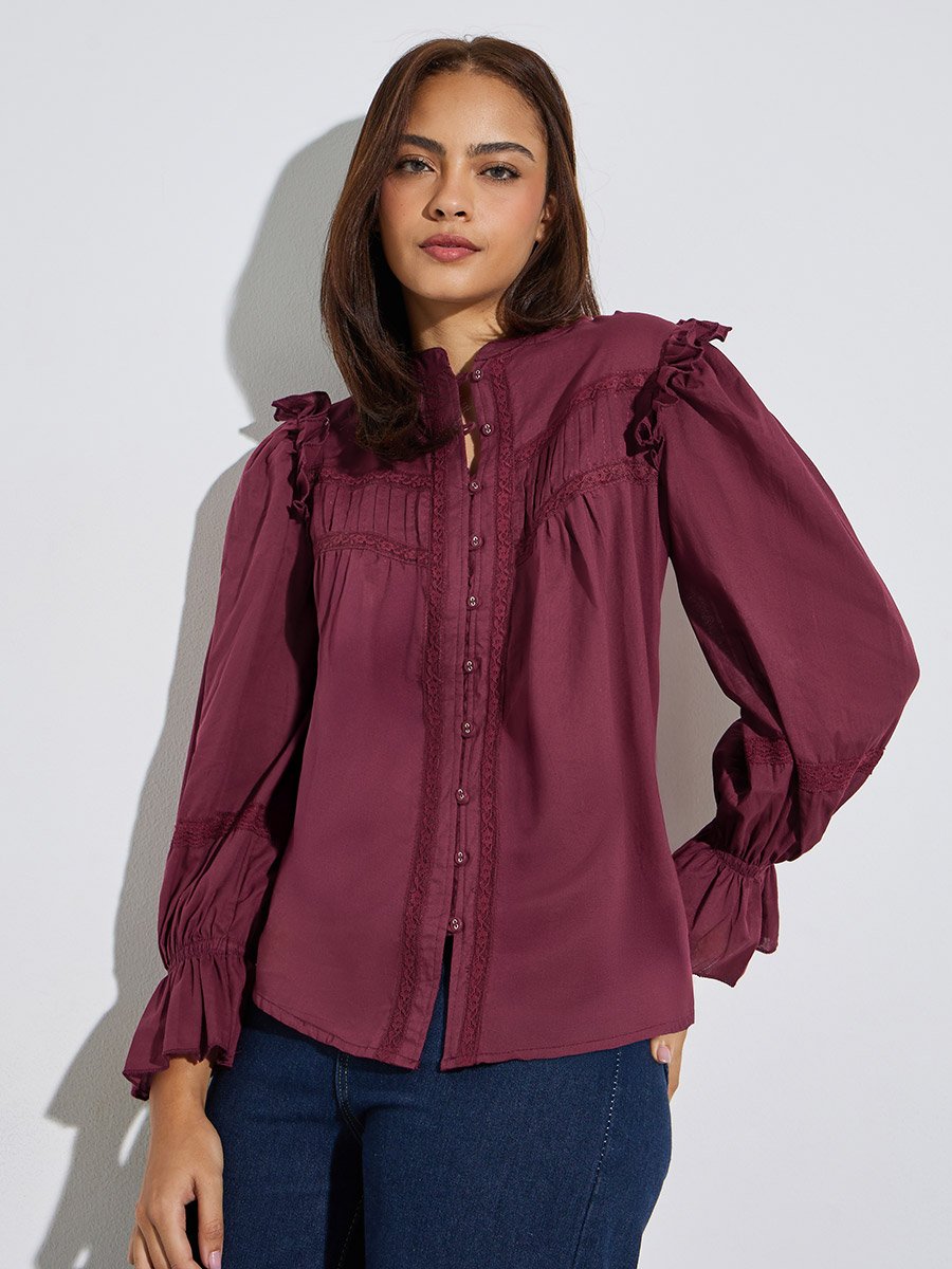 Burgundy Ruffled Blouse with Lace Detail