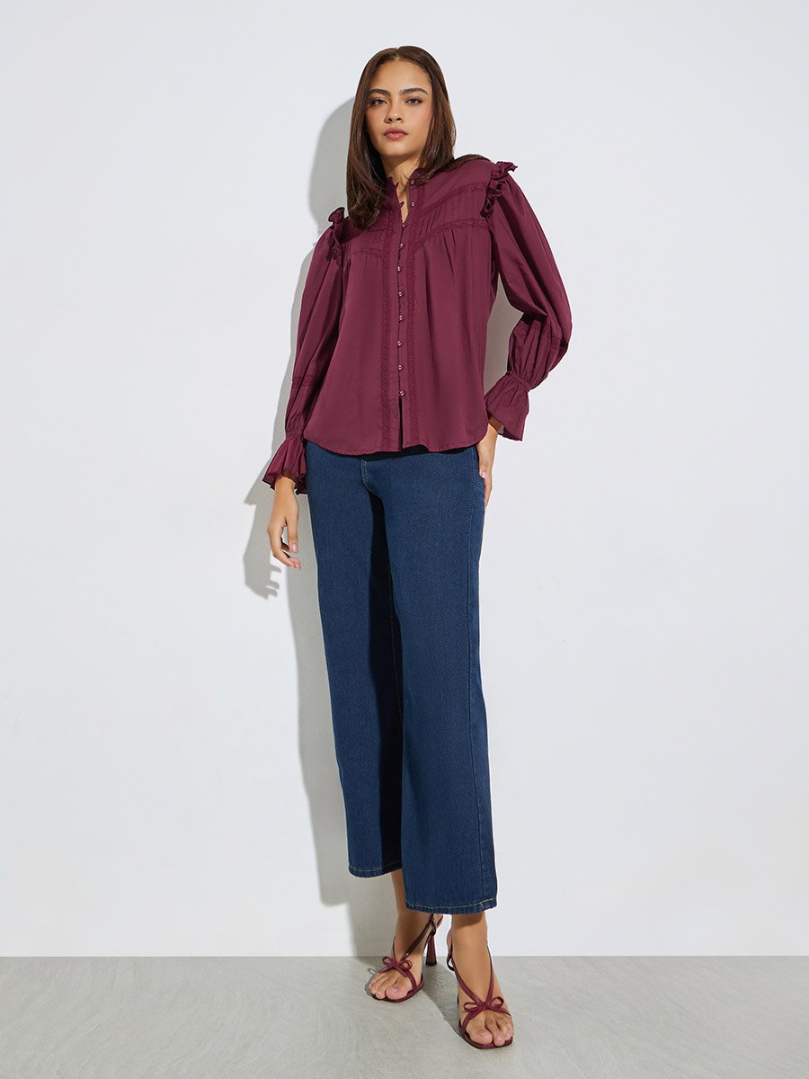 Burgundy Ruffled Blouse with Lace Detail