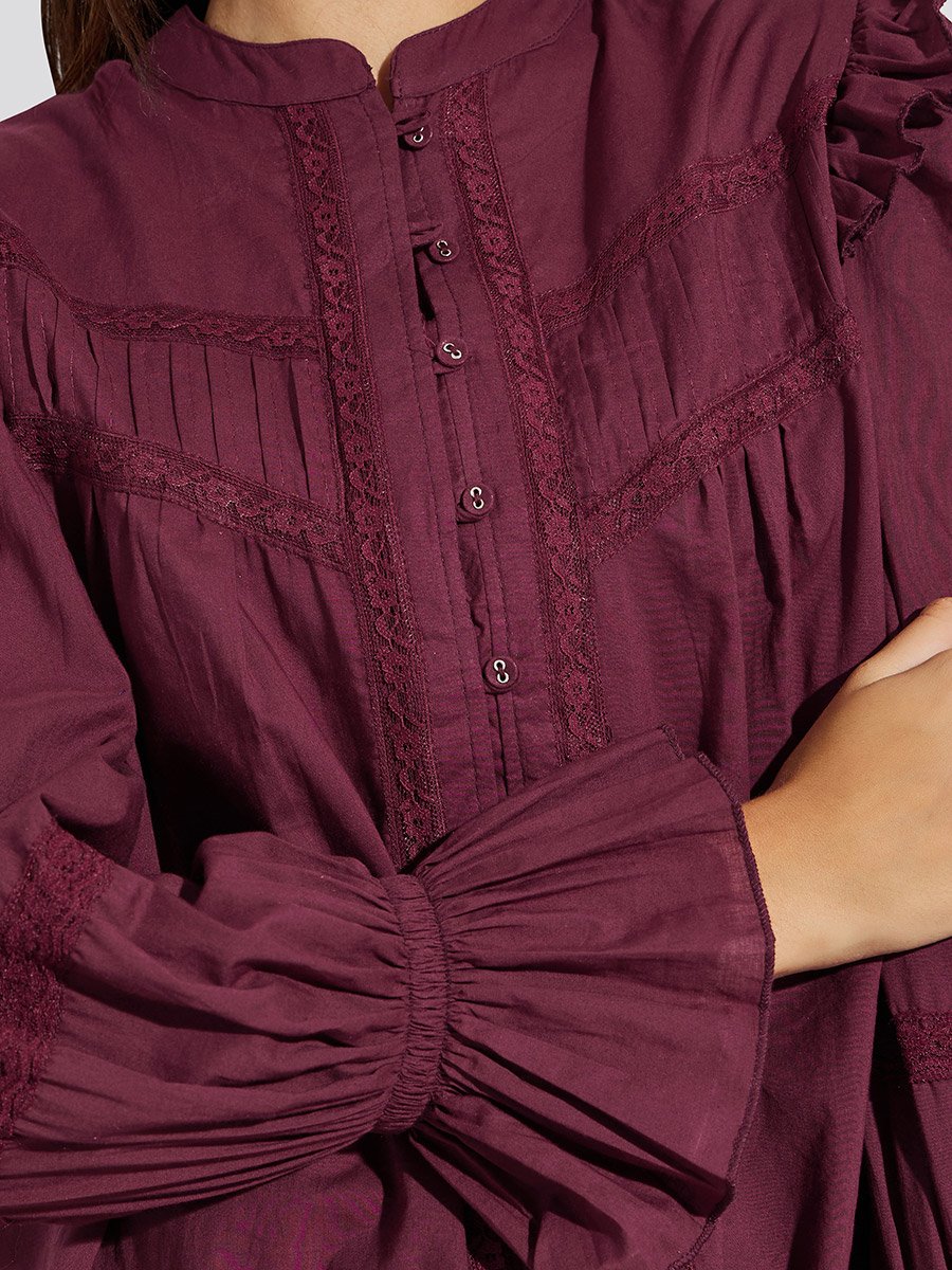 Burgundy Ruffled Blouse with Lace Detail