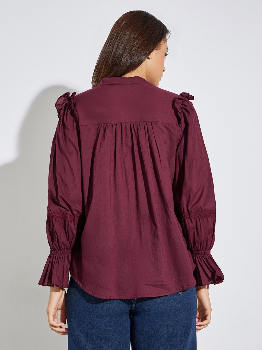 Burgundy Ruffled Blouse with Lace Detail