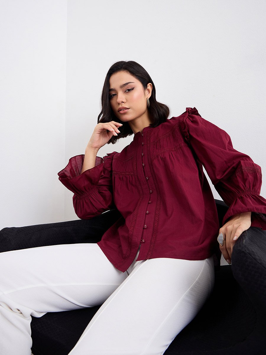 Burgundy Ruffled Blouse with Lace Detail