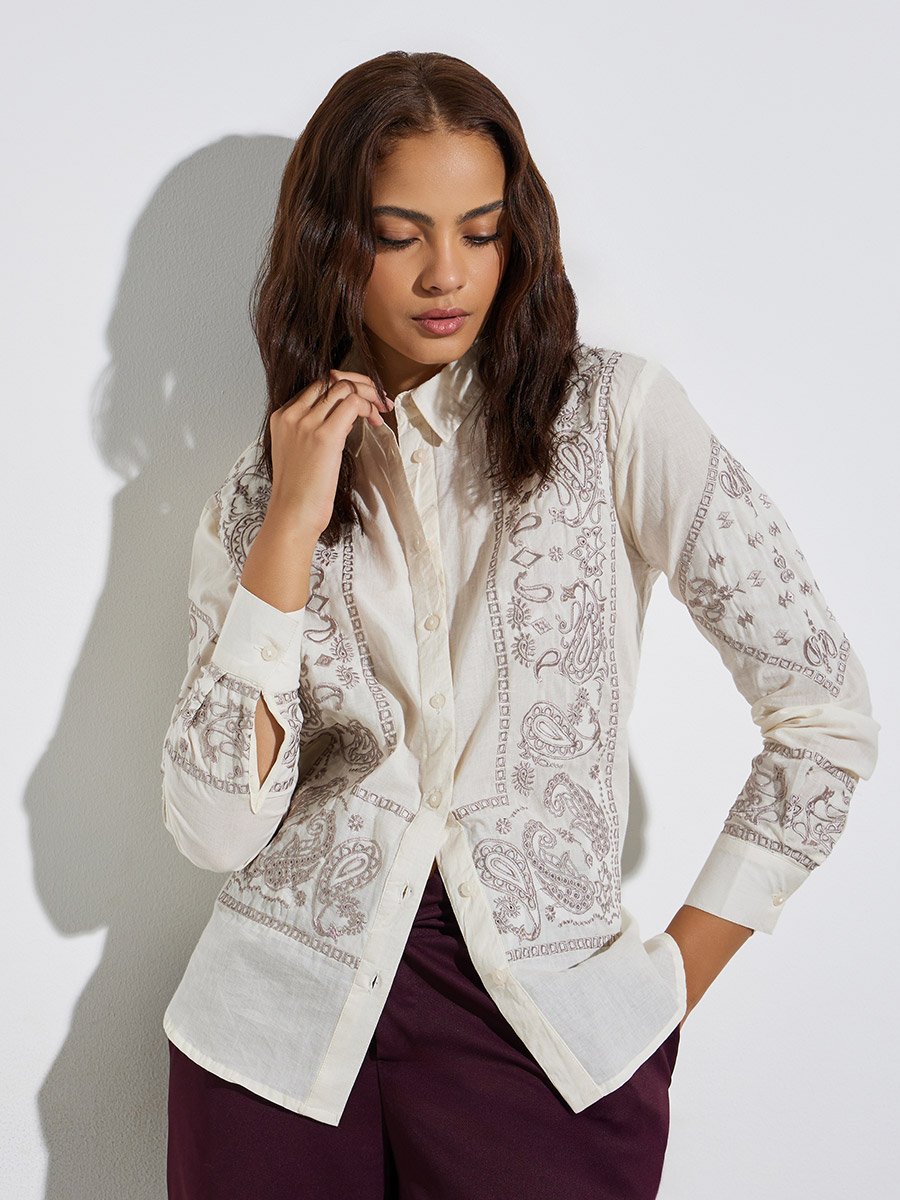 Off White Long Sleeve Paisley Embroidered Shirt