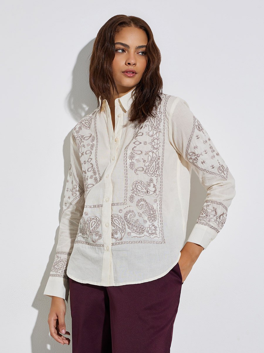 Off White Long Sleeve Paisley Embroidered Shirt