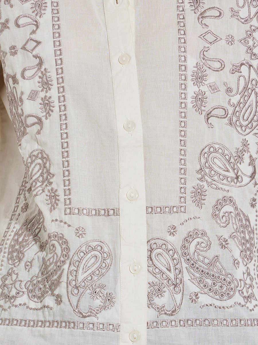 Off White Long Sleeve Paisley Embroidered Shirt