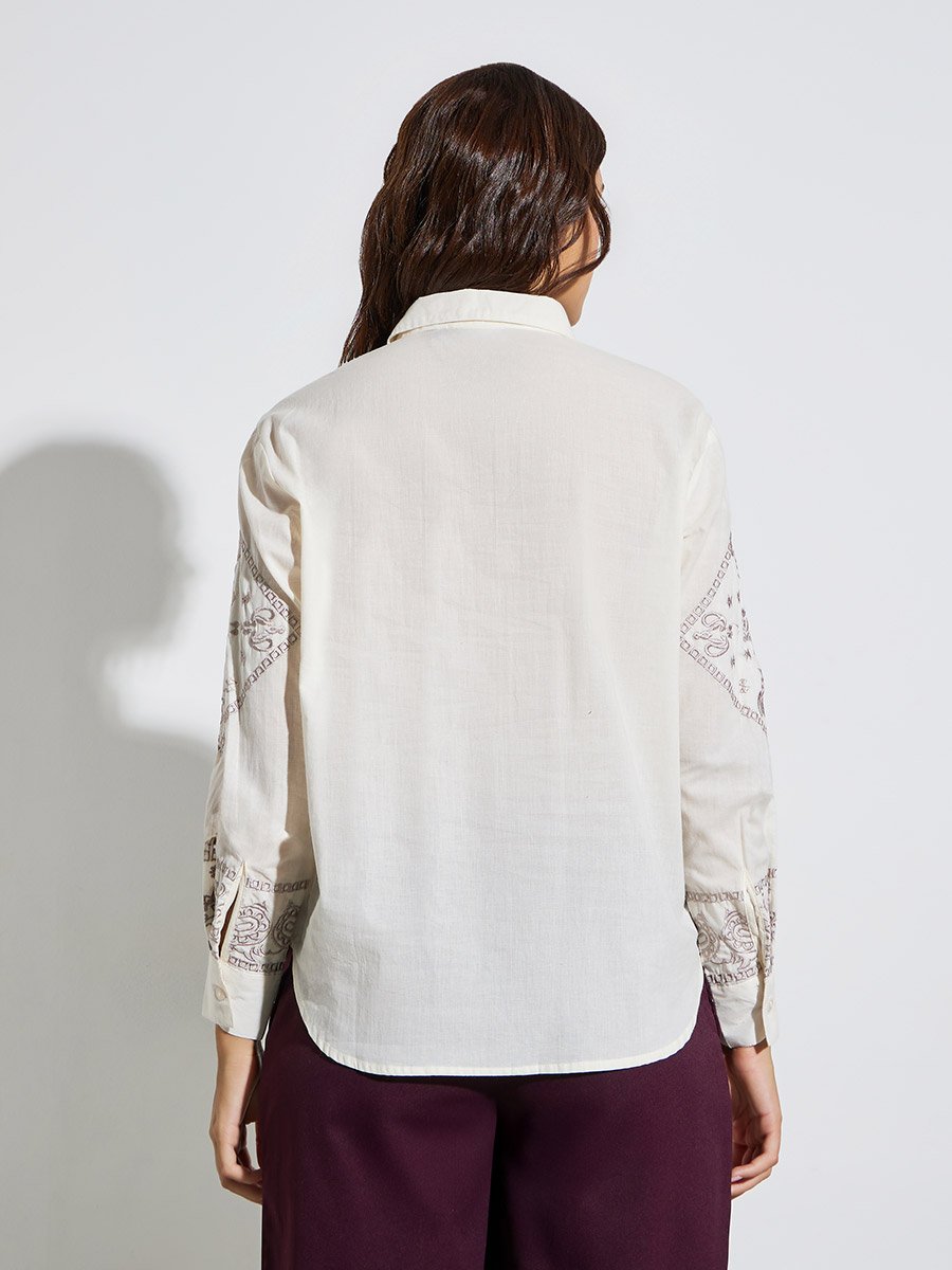 Off White Long Sleeve Paisley Embroidered Shirt