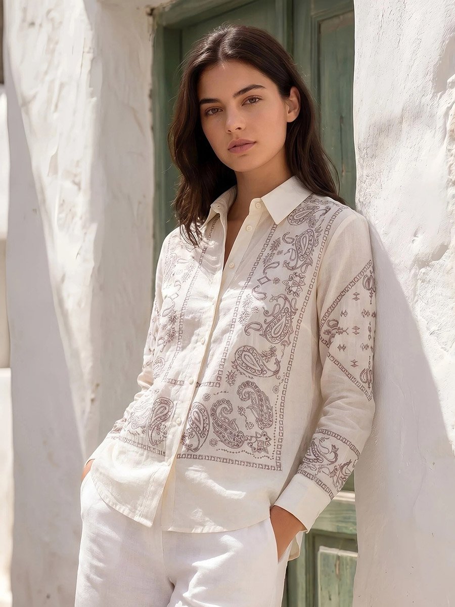 Off White Long Sleeve Paisley Embroidered Shirt