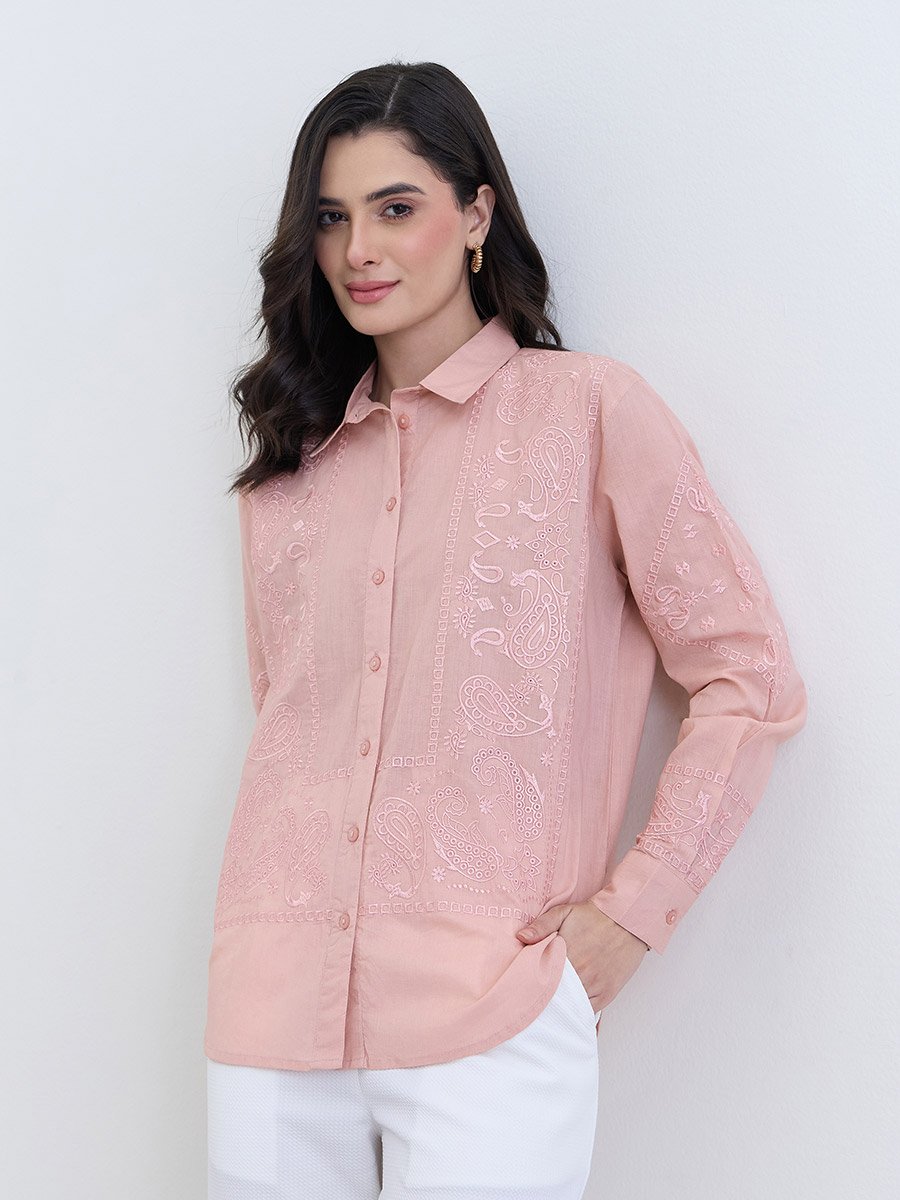 Pink Embroidered Regular Fit Shirt 