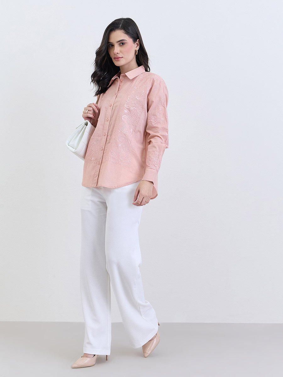 Pink Embroidered Regular Fit Shirt 