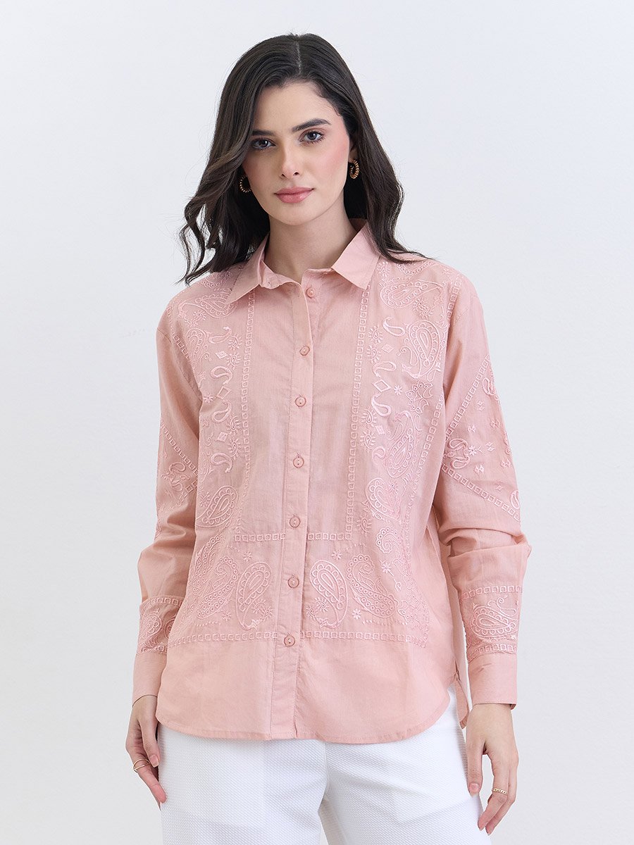 Pink Embroidered Regular Fit Shirt 