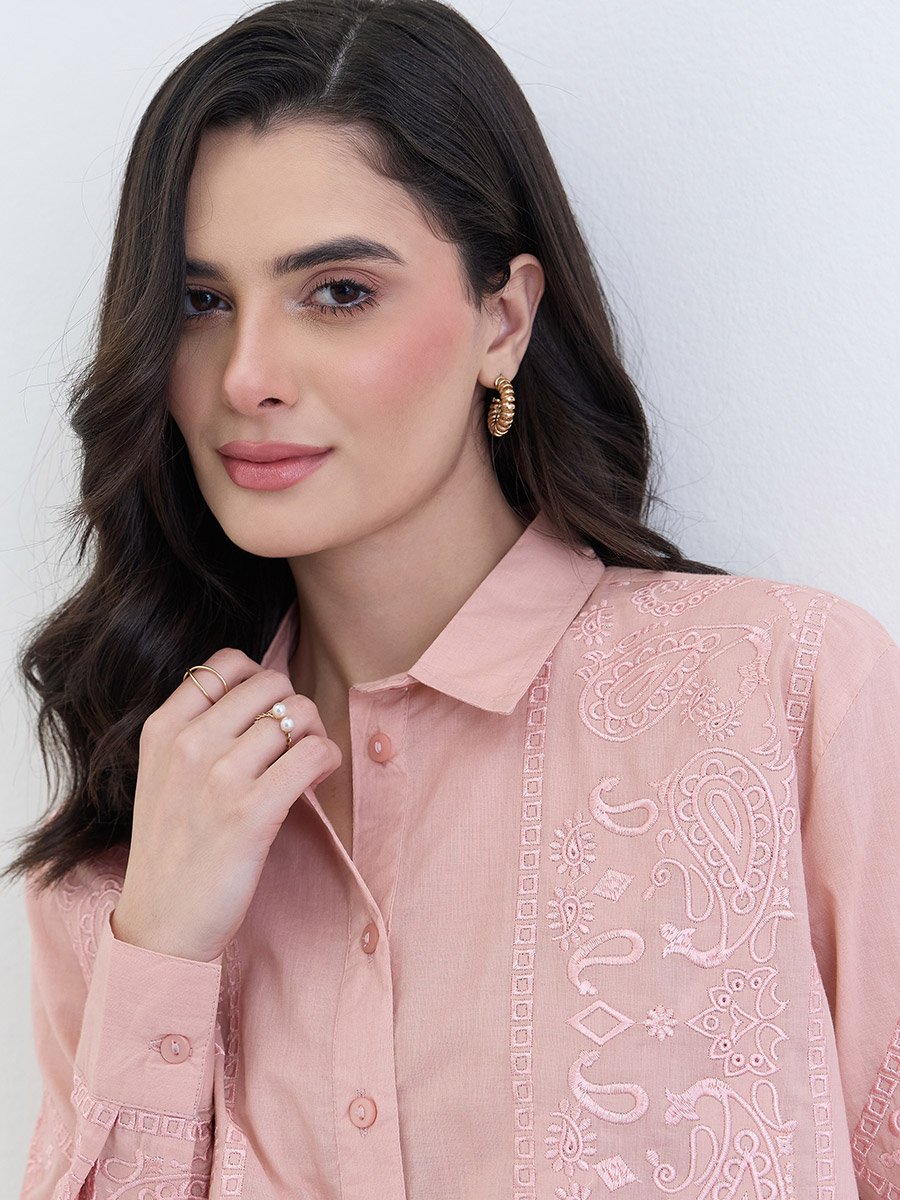 Pink Embroidered Regular Fit Shirt 